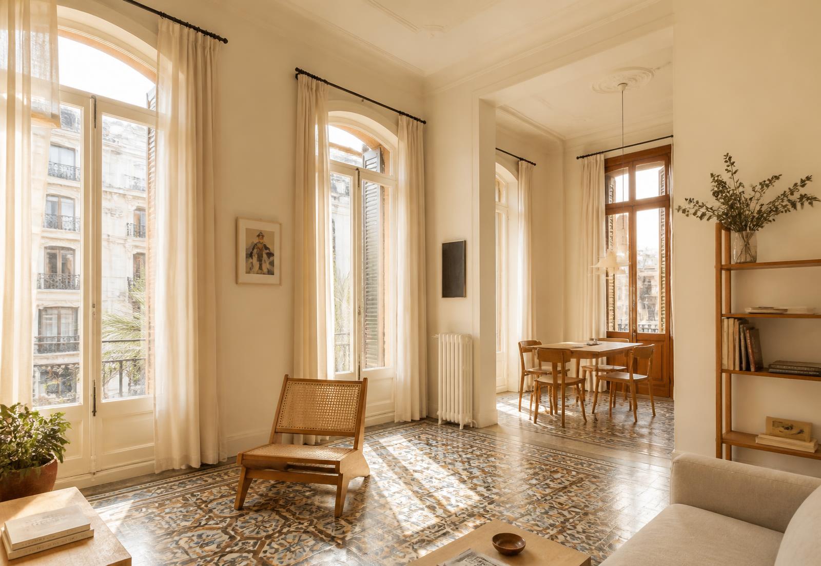 Salón luminoso de una finca modernista en Valencia con ventanales y suelo hidráulico