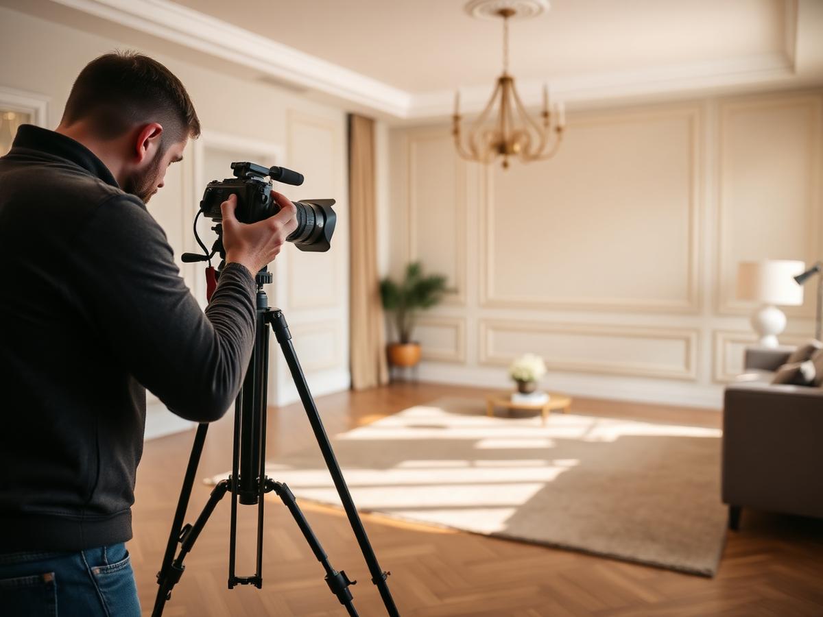 Fotógrafo profesional realizando un reportaje de un salón para su venta